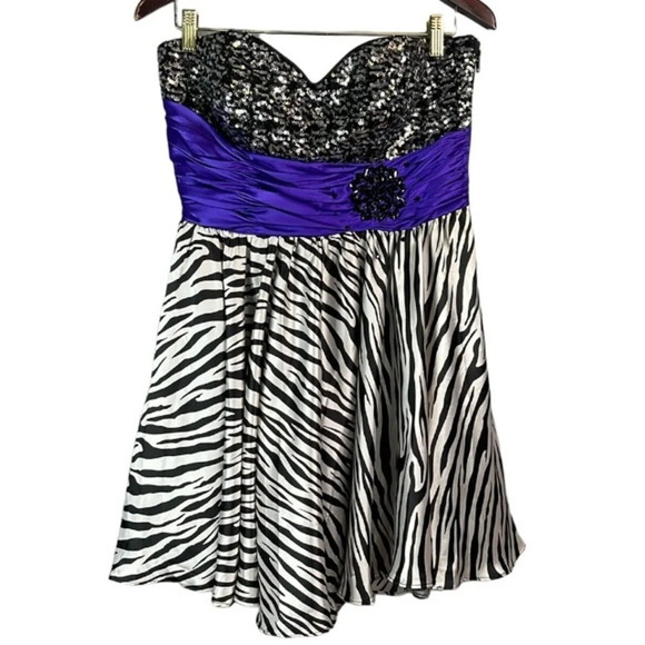 DANCING QUEEN Zebra Print Strapless Sequinned Cocktail Dress Satin *As Is* L - Picture 2 of 14